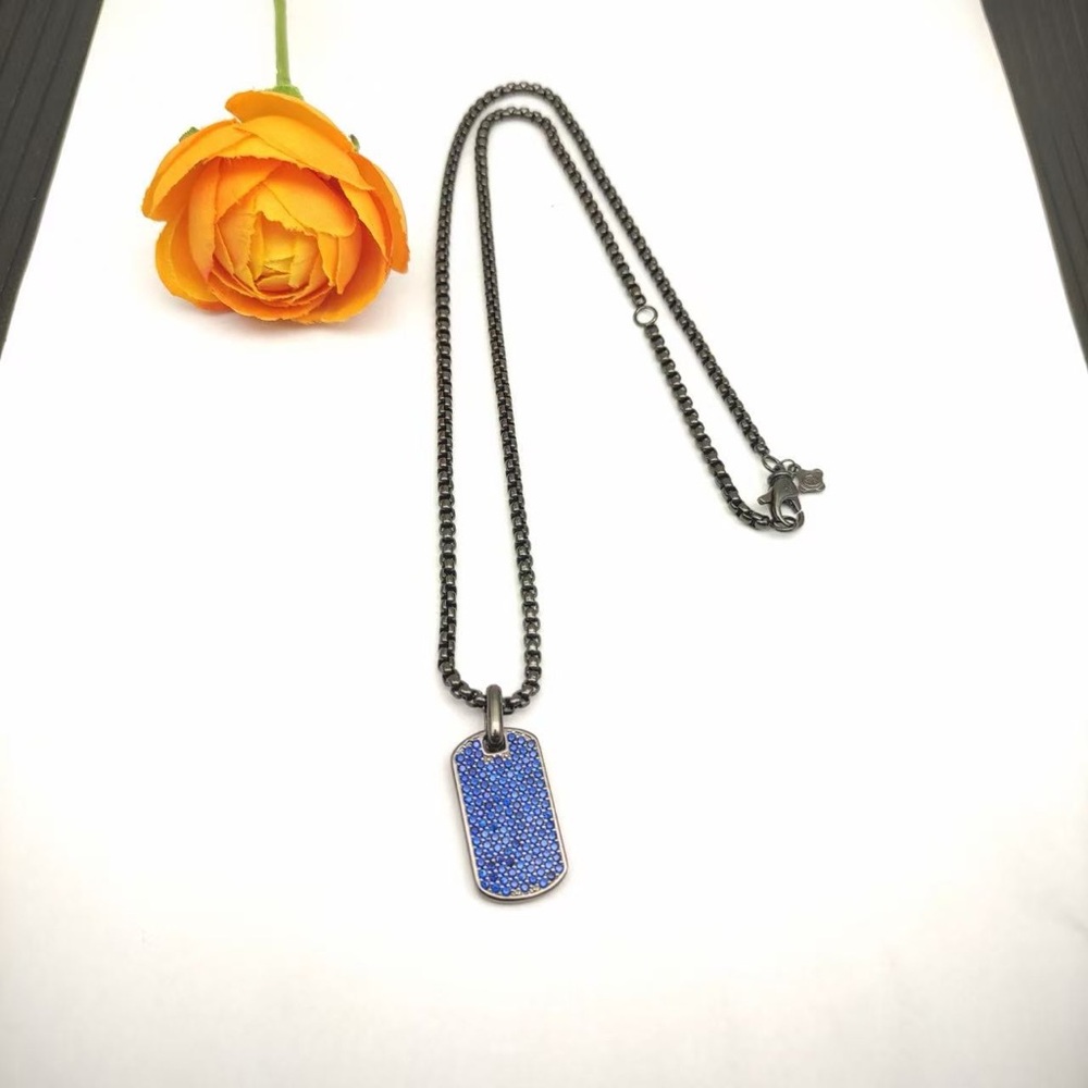 David Yurman Blue Pavé Sapphire Dog Tag Necklace Box Chain